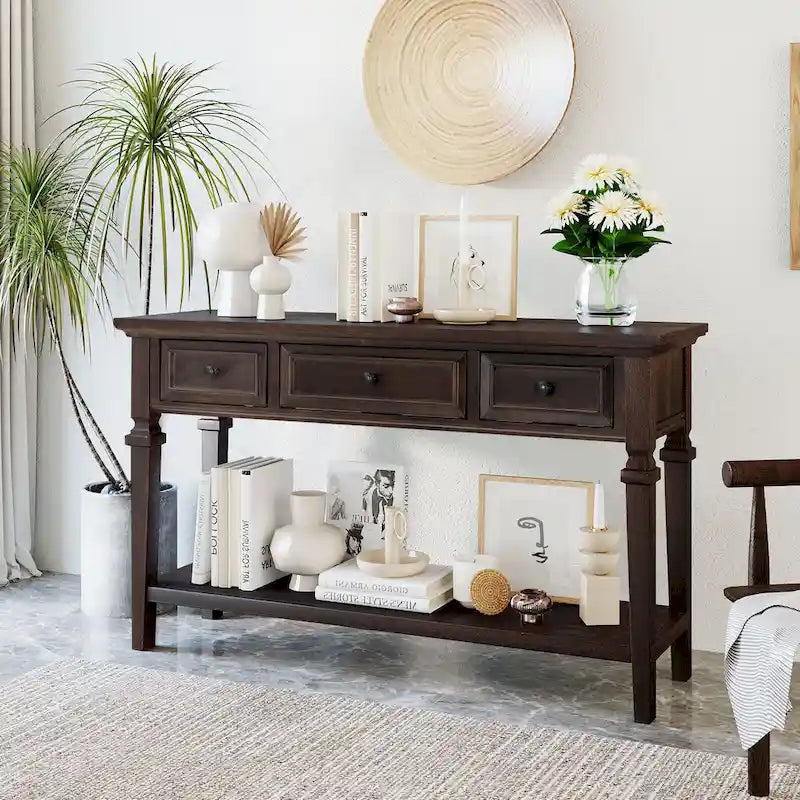 Table console classique avec 3 tiroirs supérieurs et étagère inférieure ouverte