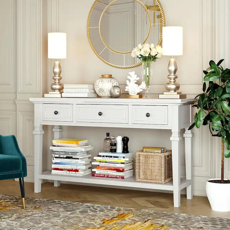 Table console classique avec 3 tiroirs supérieurs et étagère inférieure ouverte