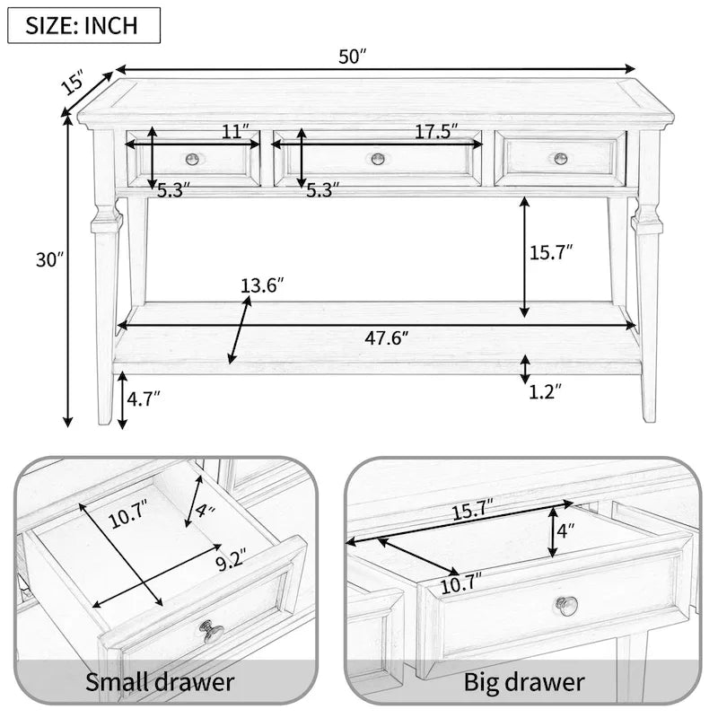 Table console classique avec 3 tiroirs supérieurs et étagère inférieure ouverte