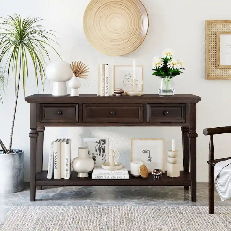 Table console classique avec 3 tiroirs supérieurs et étagère inférieure ouverte
