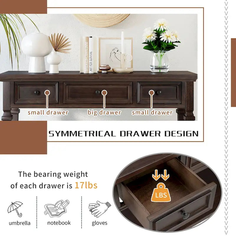 Table console classique avec 3 tiroirs supérieurs et étagère inférieure ouverte