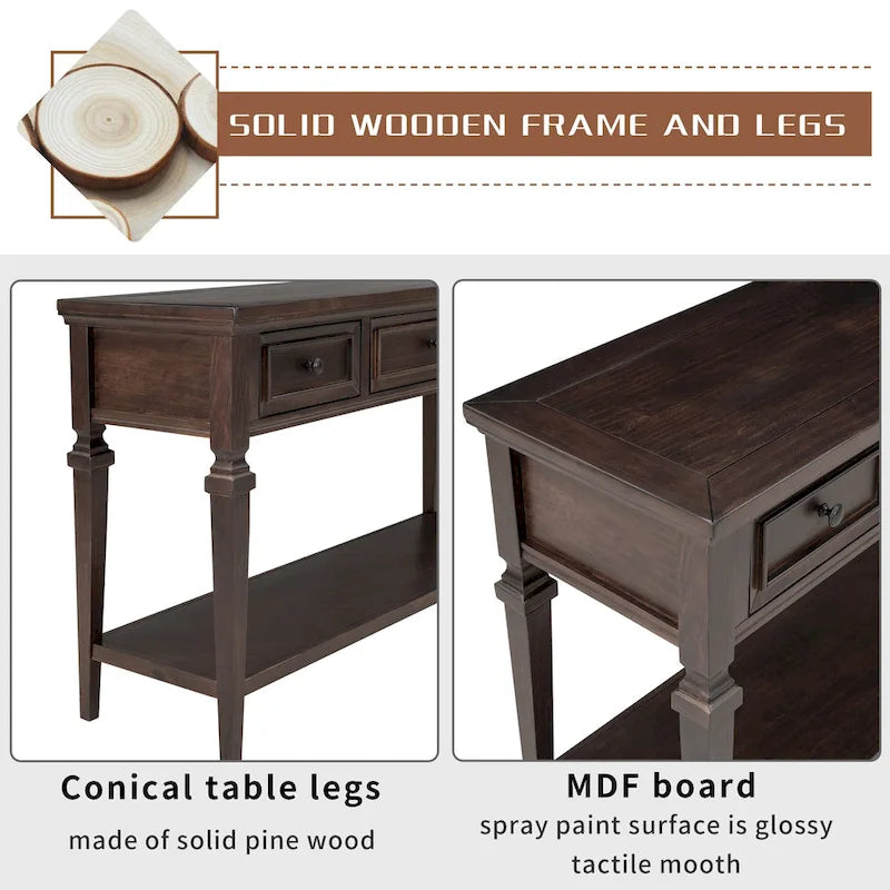 Table console classique avec 3 tiroirs supérieurs et étagère inférieure ouverte