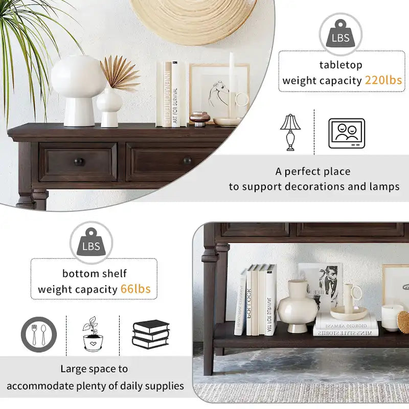 Table console classique avec 3 tiroirs supérieurs et étagère inférieure ouverte