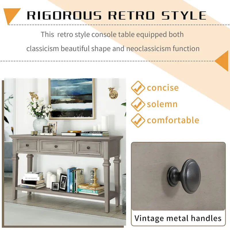 Table console classique avec 3 tiroirs supérieurs et étagère inférieure ouverte