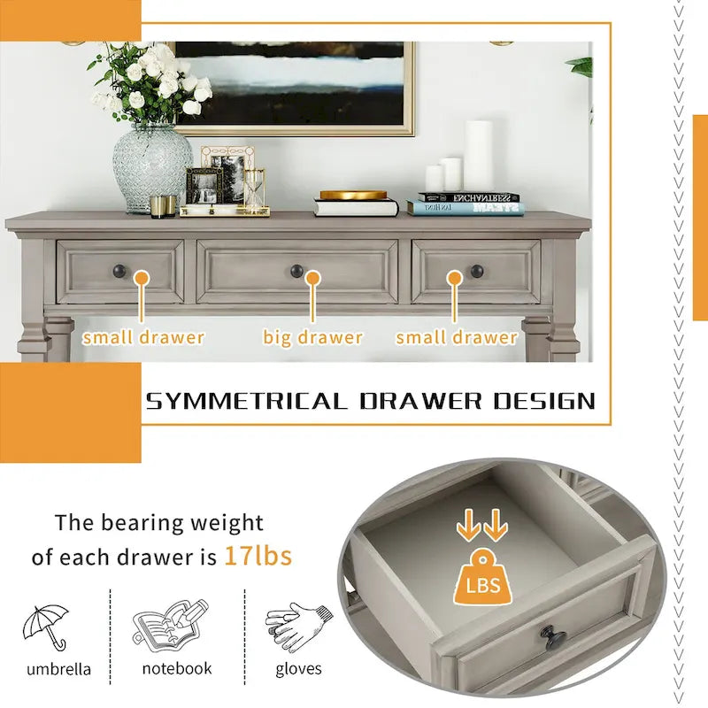 Table console classique avec 3 tiroirs supérieurs et étagère inférieure ouverte