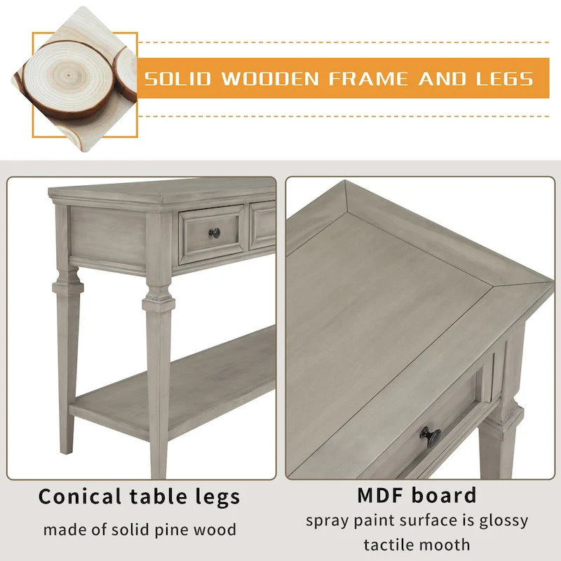 Table console classique avec 3 tiroirs supérieurs et étagère inférieure ouverte
