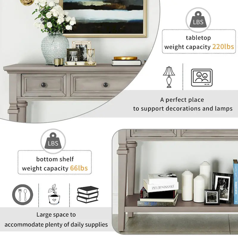 Table console classique avec 3 tiroirs supérieurs et étagère inférieure ouverte