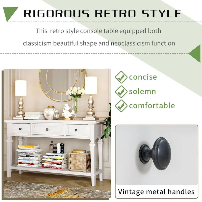 Table console classique avec 3 tiroirs supérieurs et étagère inférieure ouverte
