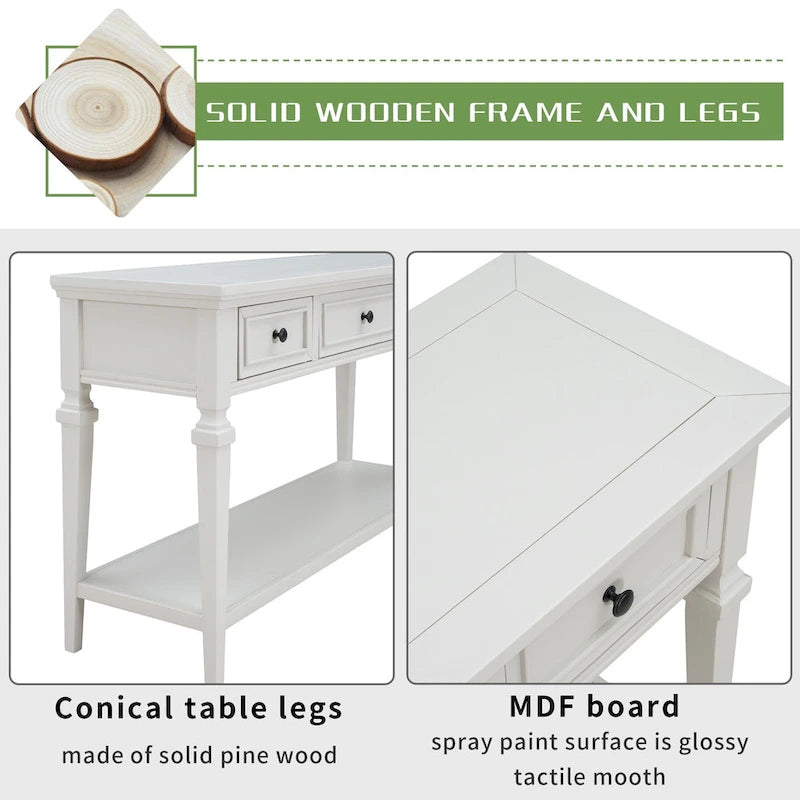 Table console classique avec 3 tiroirs supérieurs et étagère inférieure ouverte