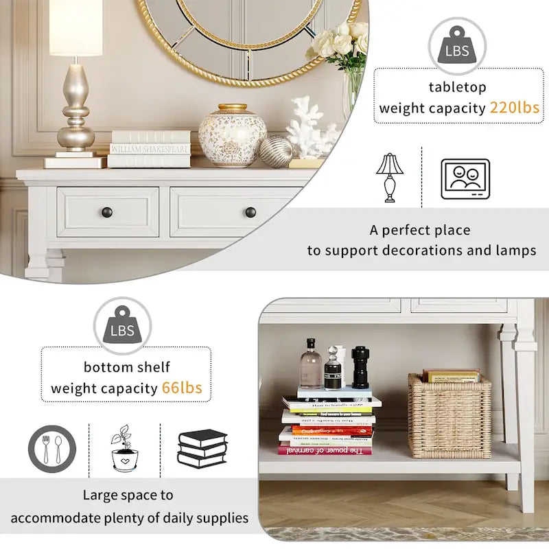 Table console classique avec 3 tiroirs supérieurs et étagère inférieure ouverte