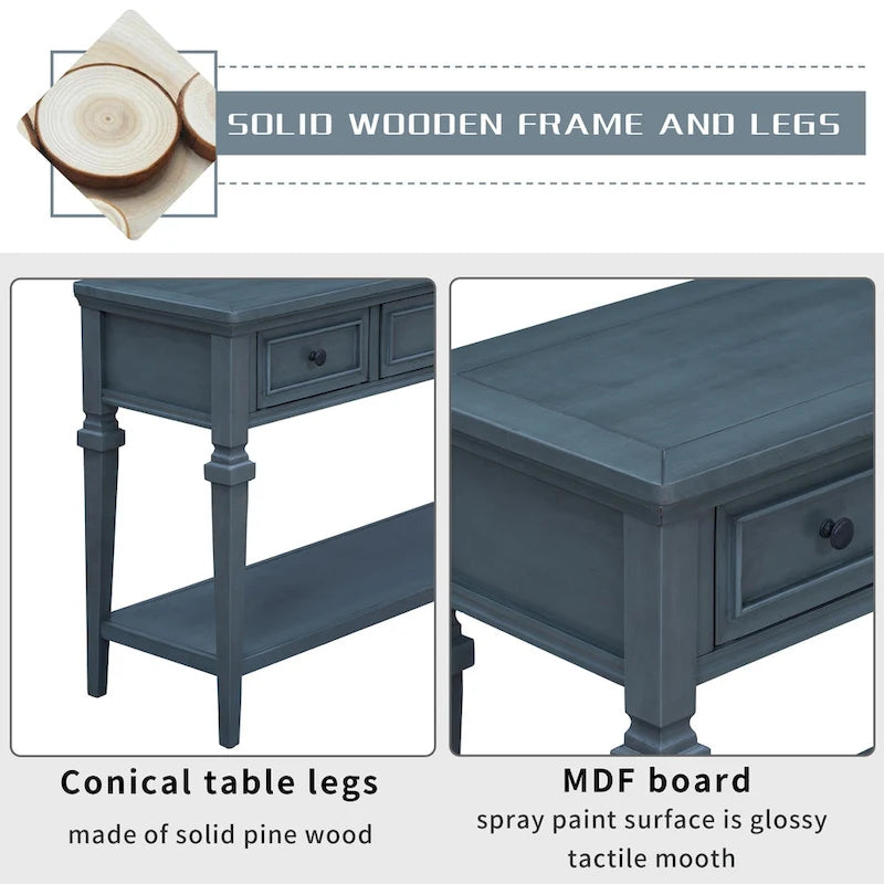 Table console classique avec 3 tiroirs supérieurs et étagère inférieure ouverte