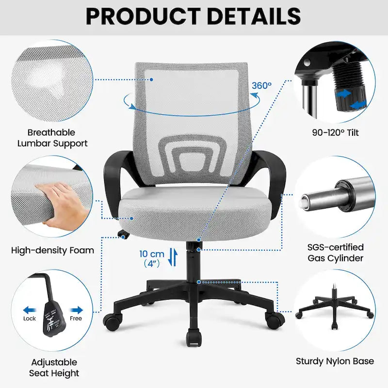 Chaise de bureau ergonomique réglable, dossier mi-hauteur en maille pivotante