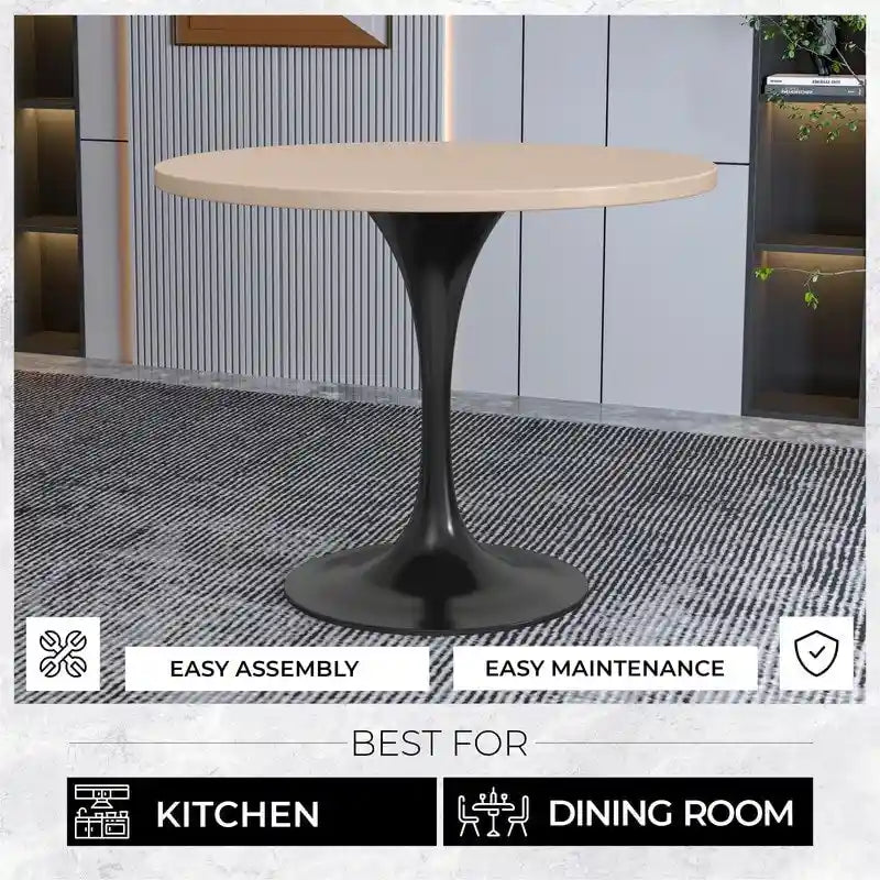 Table à manger ronde Verve 36 avec plateau en bois MDF et base en acier noir pour cuisine et salle à manger