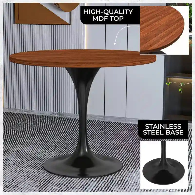 Table à manger ronde Verve 36 avec plateau en bois MDF et base en acier noir pour cuisine et salle à manger