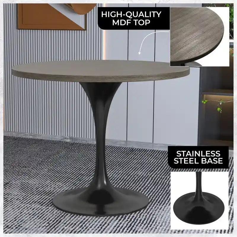 Table à manger ronde Verve 36 avec plateau en bois MDF et base en acier noir pour cuisine et salle à manger