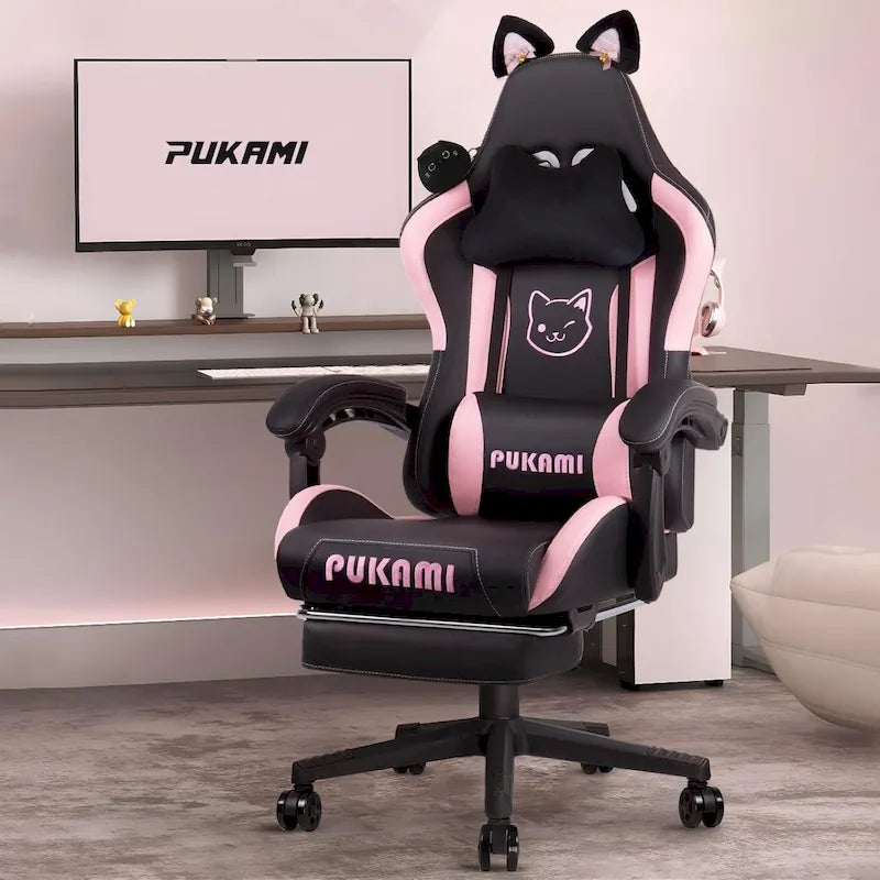 Chaise de jeu avec oreilles de chat et coussin patte de chat, jolie chaise d'ordinateur inclinable kawaii pour fille avec repose-pieds