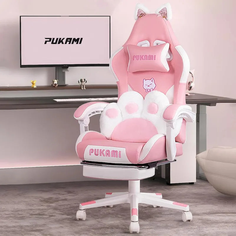 Chaise de jeu avec oreilles de chat et coussin patte de chat, jolie chaise d'ordinateur inclinable kawaii pour fille avec repose-pieds