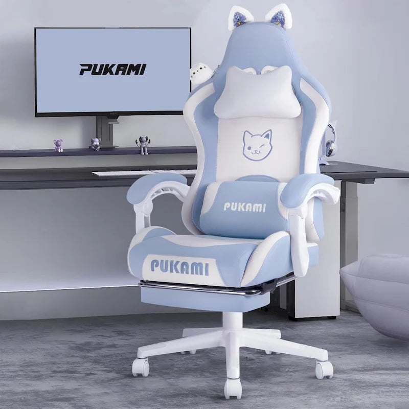 Chaise de jeu avec oreilles de chat et coussin patte de chat, jolie chaise d'ordinateur inclinable kawaii pour fille avec repose-pieds