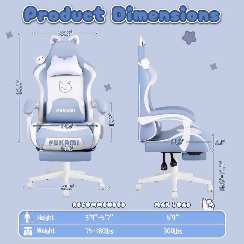 Chaise de jeu avec oreilles de chat et coussin patte de chat, jolie chaise d'ordinateur inclinable kawaii pour fille avec repose-pieds