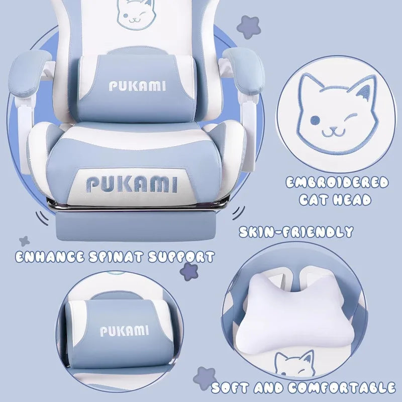 Chaise de jeu avec oreilles de chat et coussin patte de chat, jolie chaise d'ordinateur inclinable kawaii pour fille avec repose-pieds
