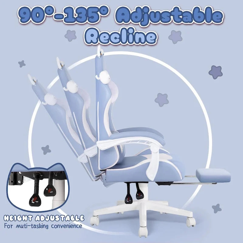 Chaise de jeu avec oreilles de chat et coussin patte de chat, jolie chaise d'ordinateur inclinable kawaii pour fille avec repose-pieds