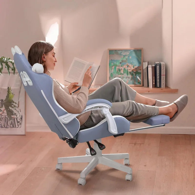 Chaise de jeu avec oreilles de chat et coussin patte de chat, jolie chaise d'ordinateur inclinable kawaii pour fille avec repose-pieds