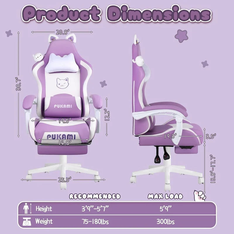 Chaise de jeu avec oreilles de chat et coussin patte de chat, jolie chaise d'ordinateur inclinable kawaii pour fille avec repose-pieds