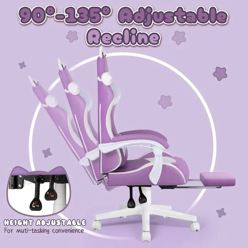 Chaise de jeu avec oreilles de chat et coussin patte de chat, jolie chaise d'ordinateur inclinable kawaii pour fille avec repose-pieds