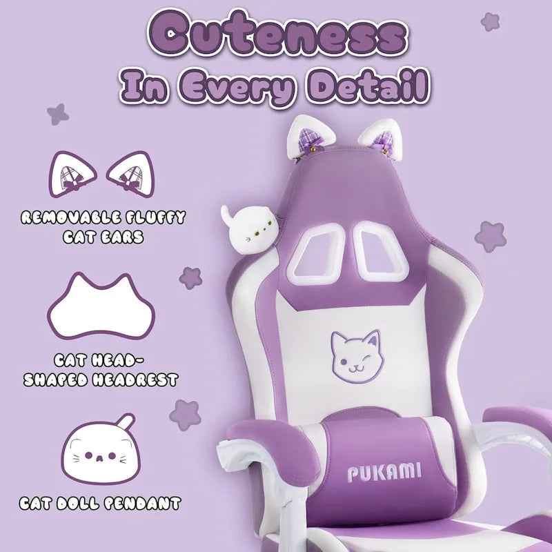 Chaise de jeu avec oreilles de chat et coussin patte de chat, jolie chaise d'ordinateur inclinable kawaii pour fille avec repose-pieds