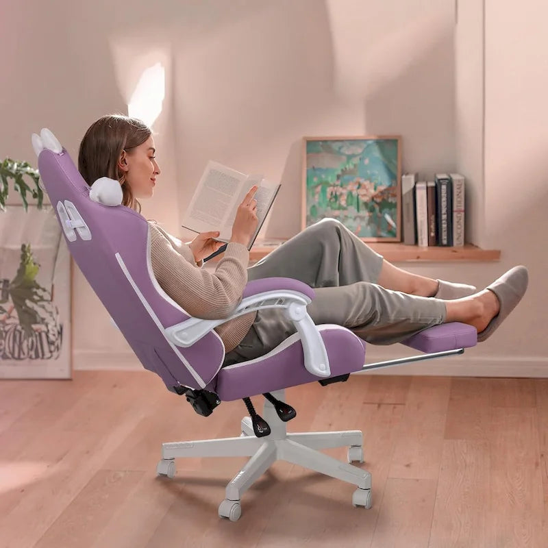 Chaise de jeu avec oreilles de chat et coussin patte de chat, jolie chaise d'ordinateur inclinable kawaii pour fille avec repose-pieds