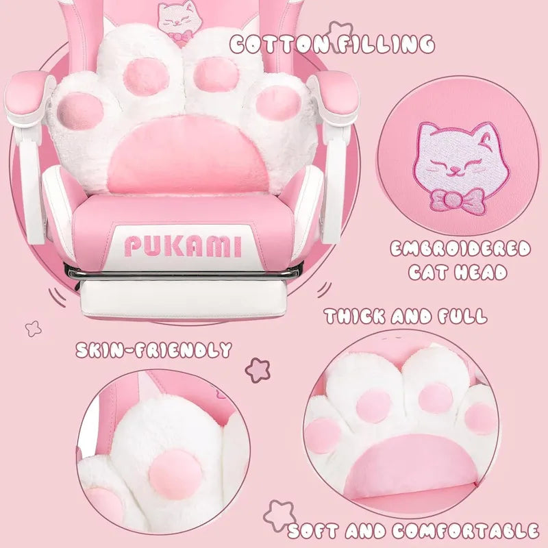 Chaise de jeu avec oreilles de chat et coussin patte de chat, jolie chaise d'ordinateur inclinable kawaii pour fille avec repose-pieds