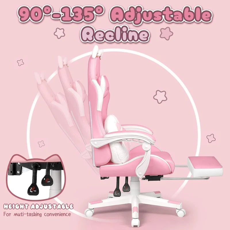 Chaise de jeu avec oreilles de chat et coussin patte de chat, jolie chaise d'ordinateur inclinable kawaii pour fille avec repose-pieds