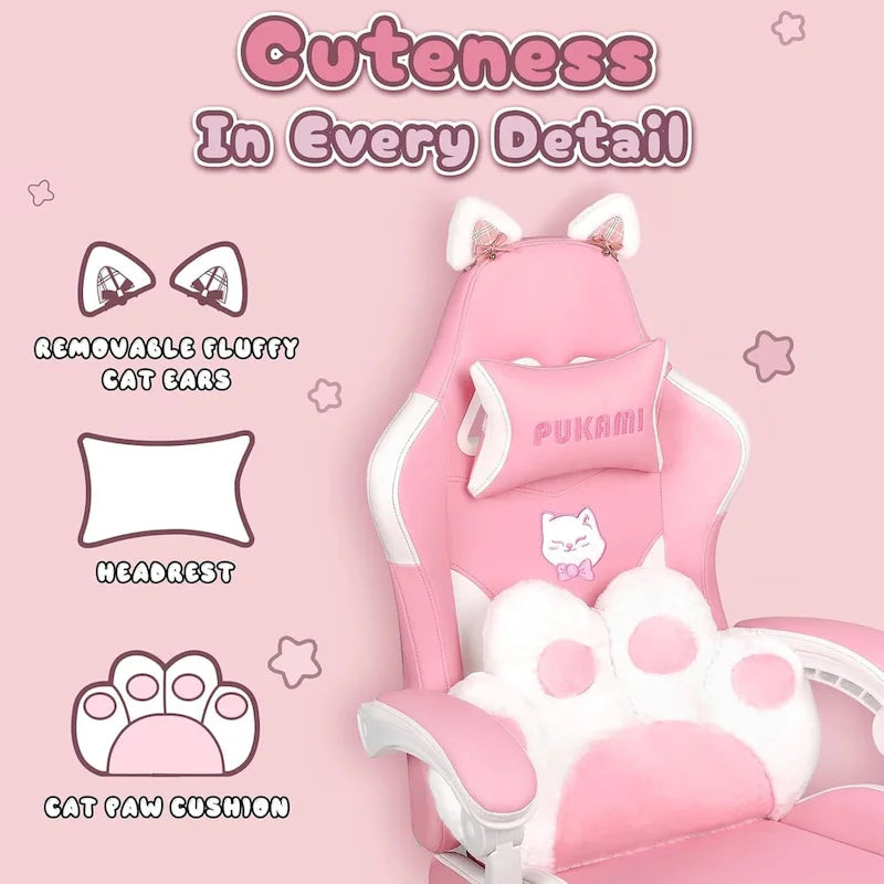 Chaise de jeu avec oreilles de chat et coussin patte de chat, jolie chaise d'ordinateur inclinable kawaii pour fille avec repose-pieds