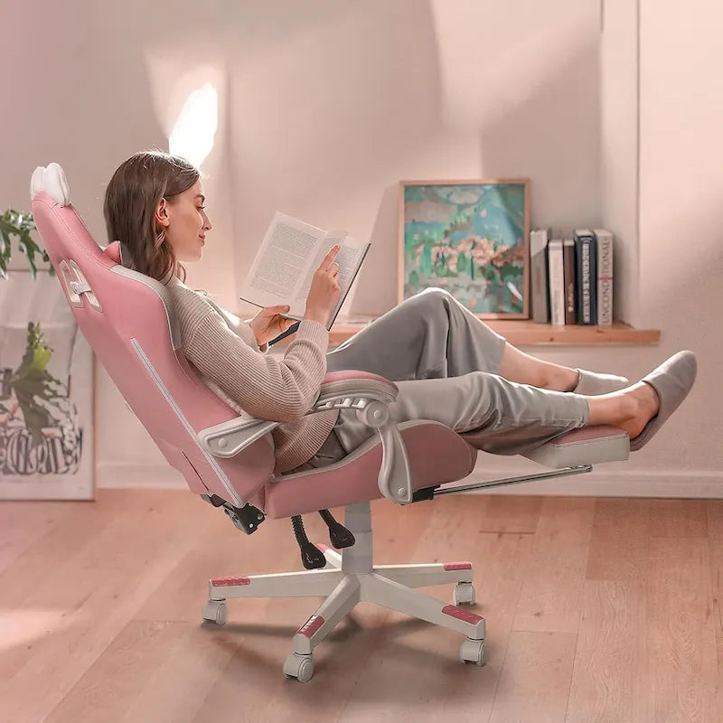 Chaise de jeu avec oreilles de chat et coussin patte de chat, jolie chaise d'ordinateur inclinable kawaii pour fille avec repose-pieds