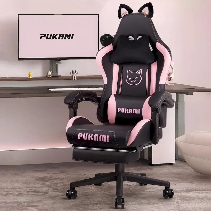 Chaise de jeu avec oreilles de chat et coussin patte de chat, jolie chaise d'ordinateur inclinable kawaii pour fille avec repose-pieds