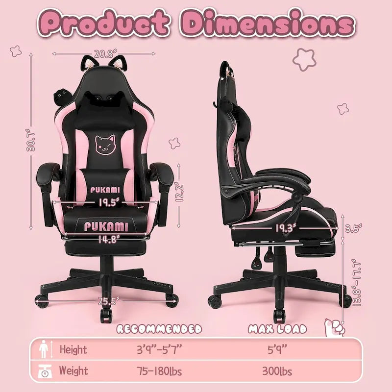 Chaise de jeu avec oreilles de chat et coussin patte de chat, jolie chaise d'ordinateur inclinable kawaii pour fille avec repose-pieds