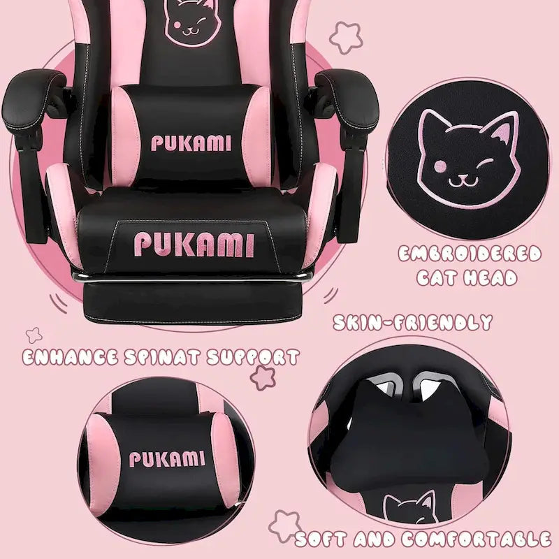 Chaise de jeu avec oreilles de chat et coussin patte de chat, jolie chaise d'ordinateur inclinable kawaii pour fille avec repose-pieds
