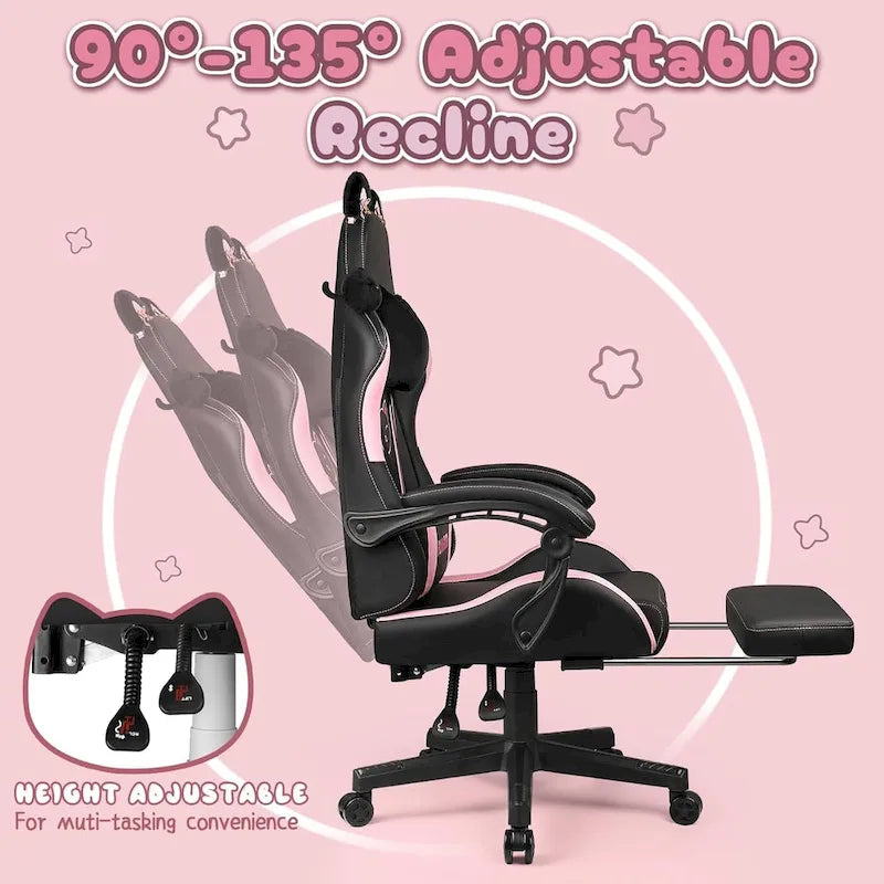 Chaise de jeu avec oreilles de chat et coussin patte de chat, jolie chaise d'ordinateur inclinable kawaii pour fille avec repose-pieds