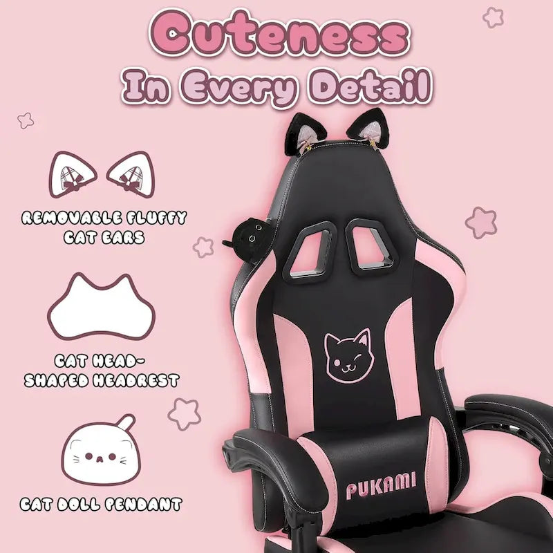 Chaise de jeu avec oreilles de chat et coussin patte de chat, jolie chaise d'ordinateur inclinable kawaii pour fille avec repose-pieds