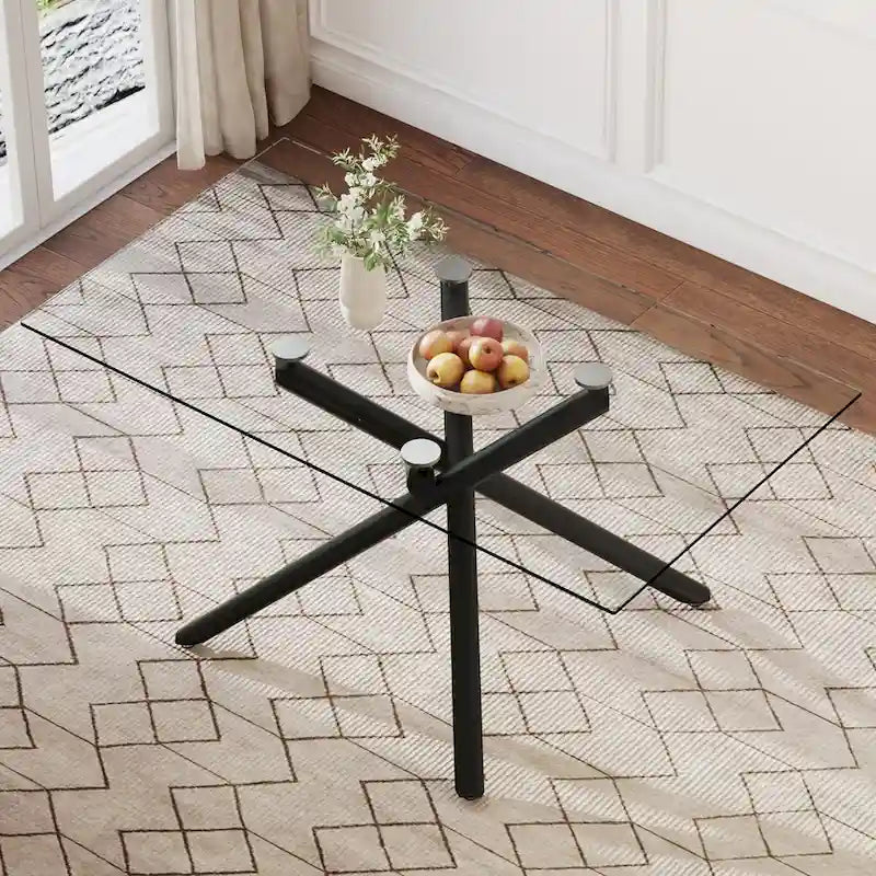 Large Modern Minimalist Rectangular Glass Dining Table for 6-8 with 0.39 Tempered Glass Tabletop and Black color Metal Legs