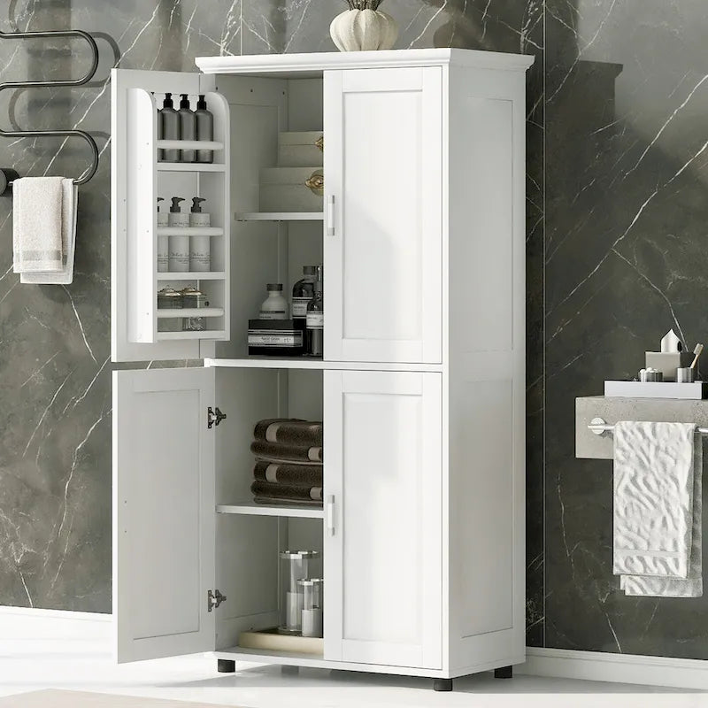 Meuble de salle de bain autoportant haut et large avec 4 portes et étagères réglables