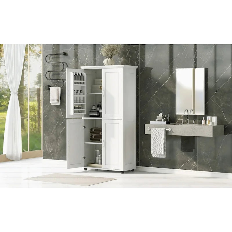 Meuble de salle de bain autoportant haut et large avec 4 portes et étagères réglables
