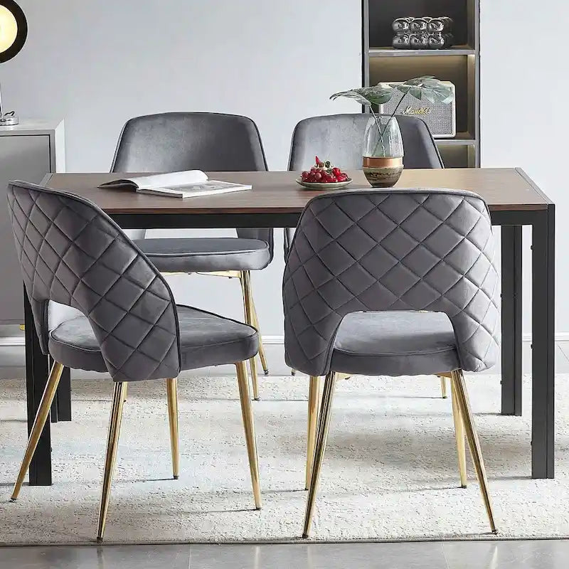 Chaises de salle à manger en velours avec pieds en métal et dossier évidé, lot de 4 chaises de salle à manger rembourrées