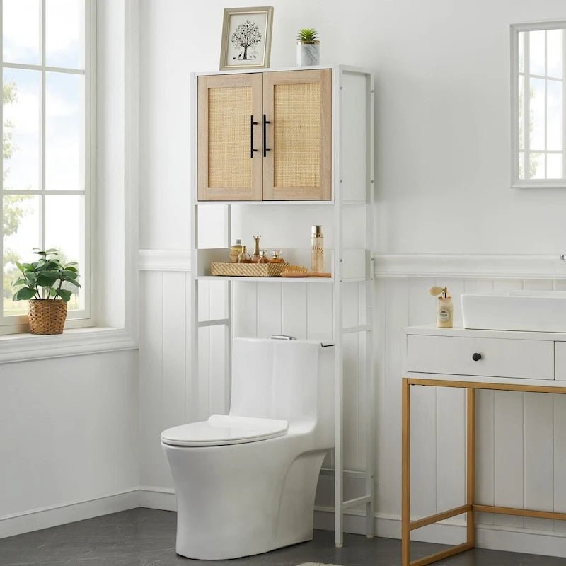 Meuble de Rangement Sur Pied WC avec Porte en Rotin