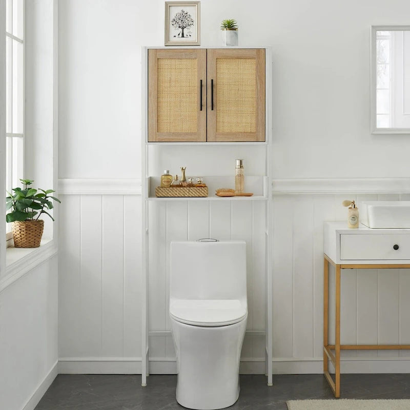 Meuble de Rangement Sur Pied WC avec Porte en Rotin