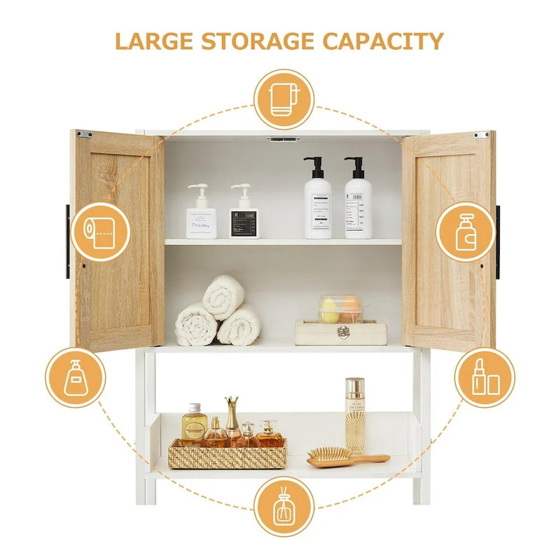 Meuble de Rangement Sur Pied WC avec Porte en Rotin