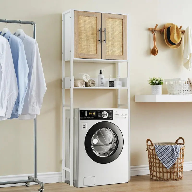 Meuble de Rangement Sur Pied WC avec Porte en Rotin