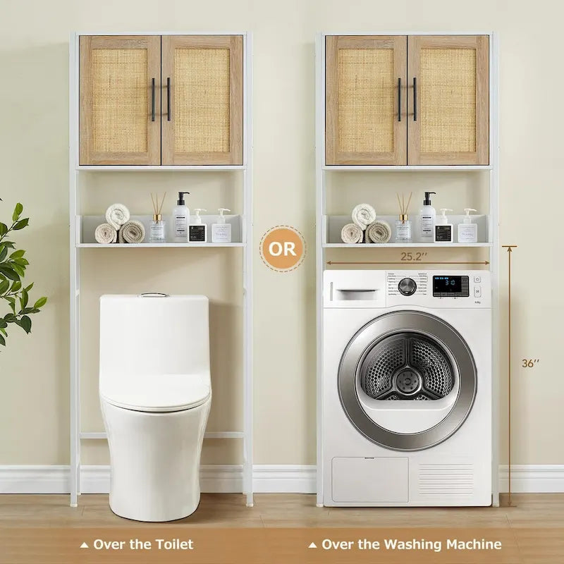 Meuble de Rangement Sur Pied WC avec Porte en Rotin