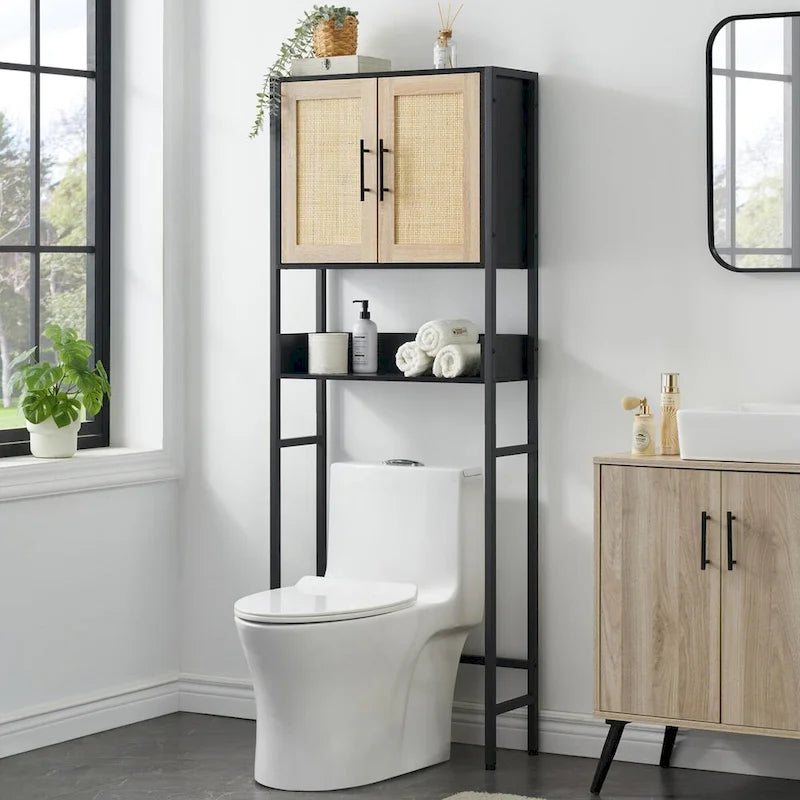 Meuble de Rangement Sur Pied WC avec Porte en Rotin