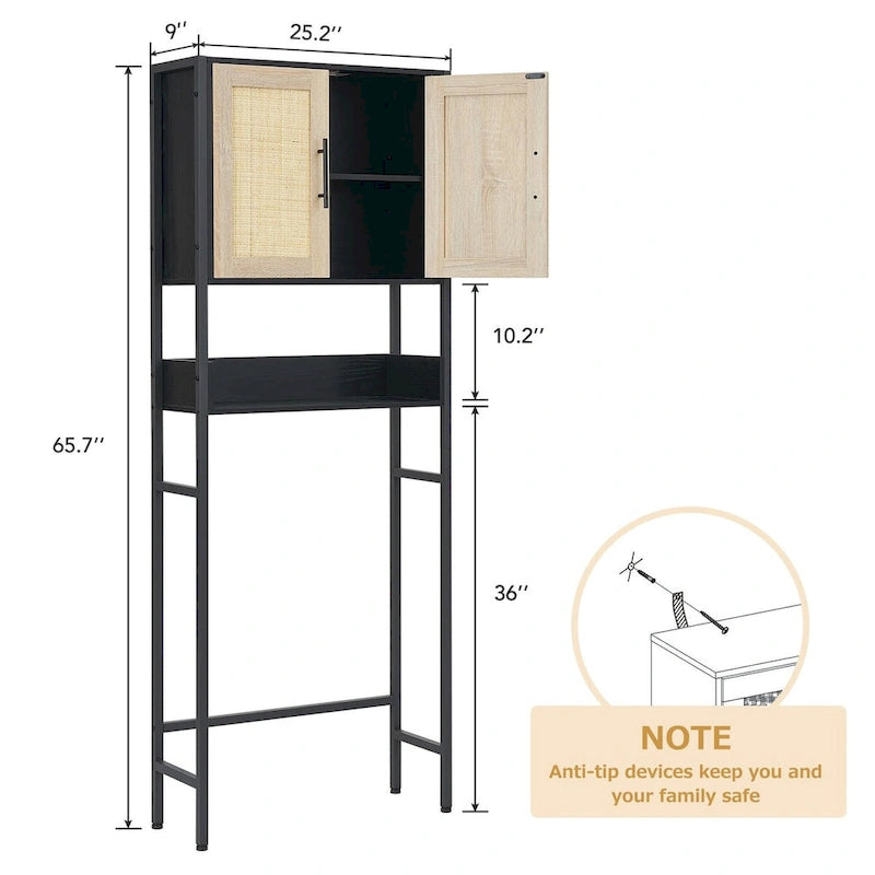 Meuble de Rangement Sur Pied WC avec Porte en Rotin